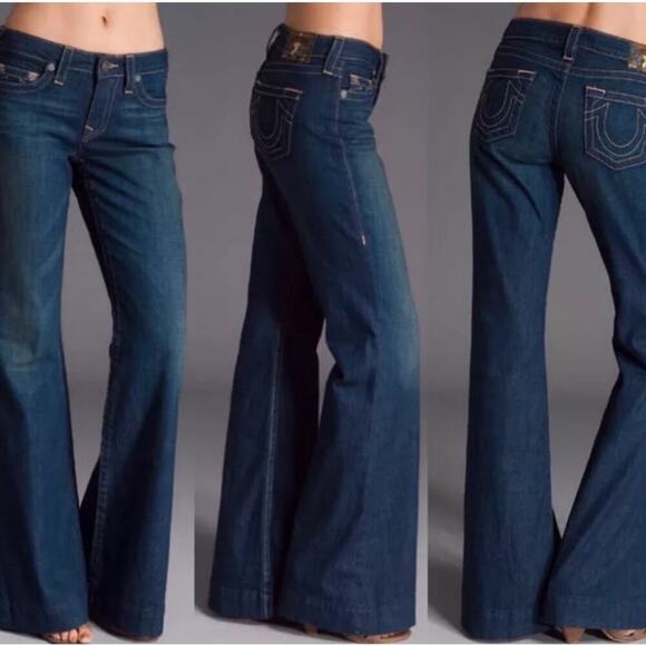 True Religion Wide Leg Candice Y2K Style 1970's Style Mid Rise Medium Wash Jeans - Picture 1 of 16